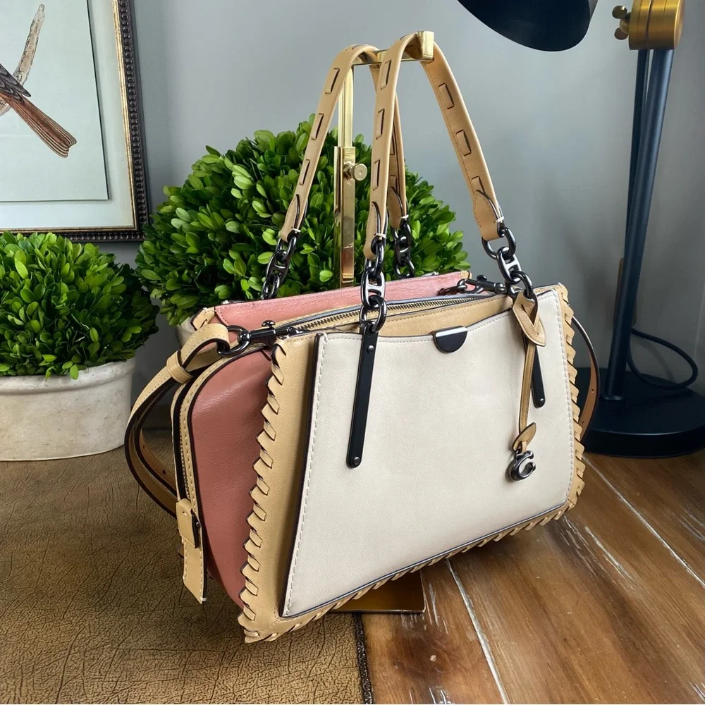 Coach Two-Tone Leather Tote in Cream and Pink with Tan Trim